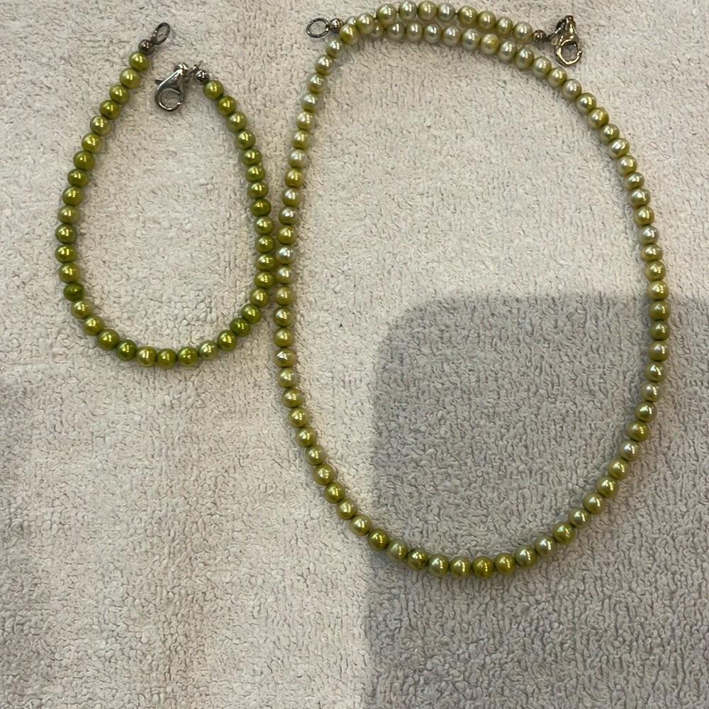 Elegant Green Pearl Necklace and Bracelet Set  with 925 silver hook~